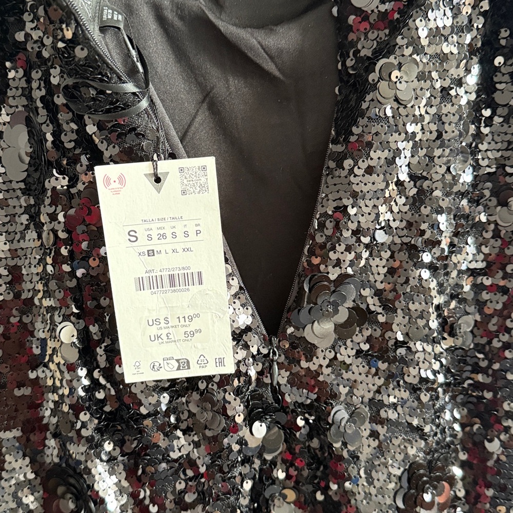 Zara Black Sequined Slip Dress with sequin flower detail Small - Picture 7 of 8